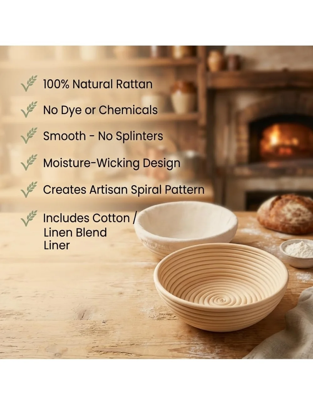 Natural Rattan Bread Proofing Baskets with Cotton Linen Liner 2 Pack New
